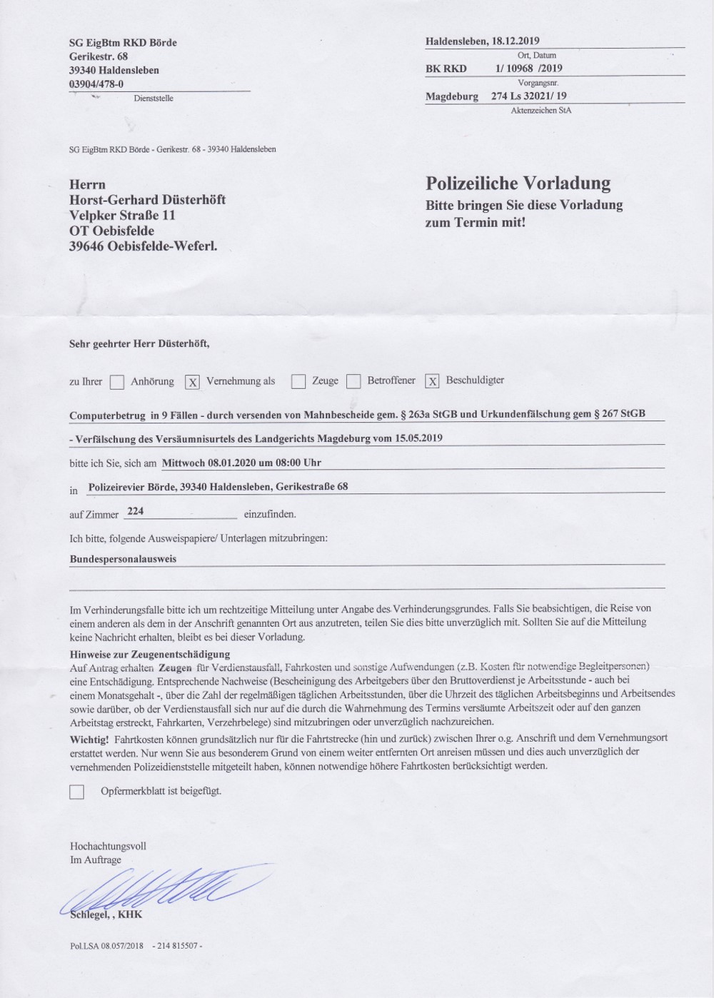 Polizeiliche Vorladung mit 1000pix