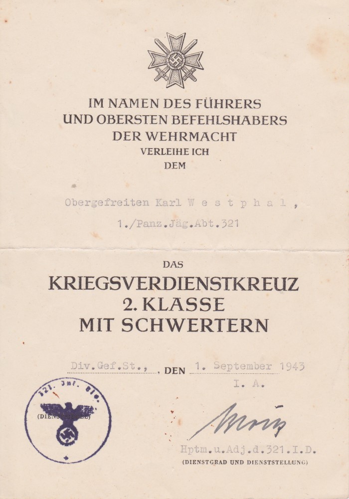 Kriegsverdienstkreuz 2 Klasse mit Schwertern 1.09.1943