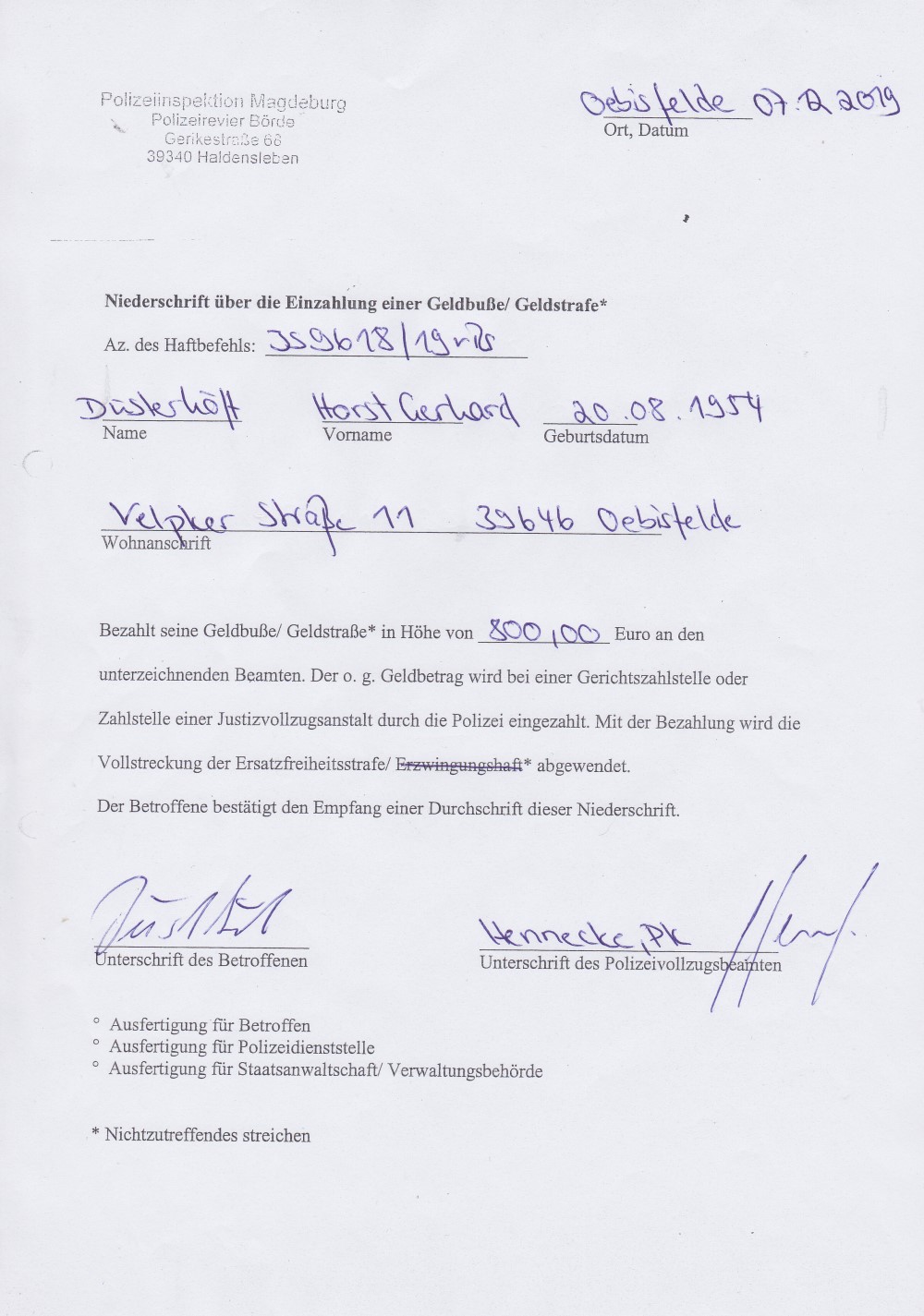Einzahlung Geldbuße 07.12.2019