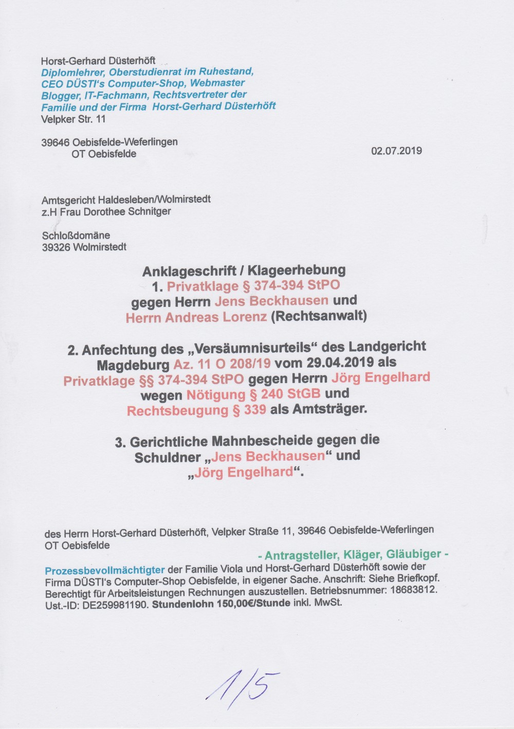 Privatklage 09.07.19 Blatt 1 5 mit 1000pix