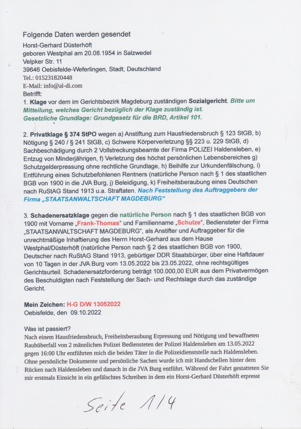 Strafantrag Klageschrift vom 08102022 Seite 1 mit 1000pix