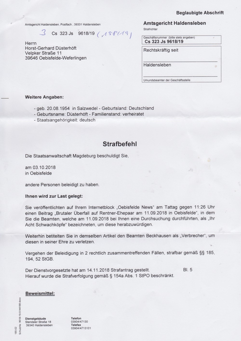 Strafbefehl Beleidigung am 03.10.2018 Seite1 1000pix