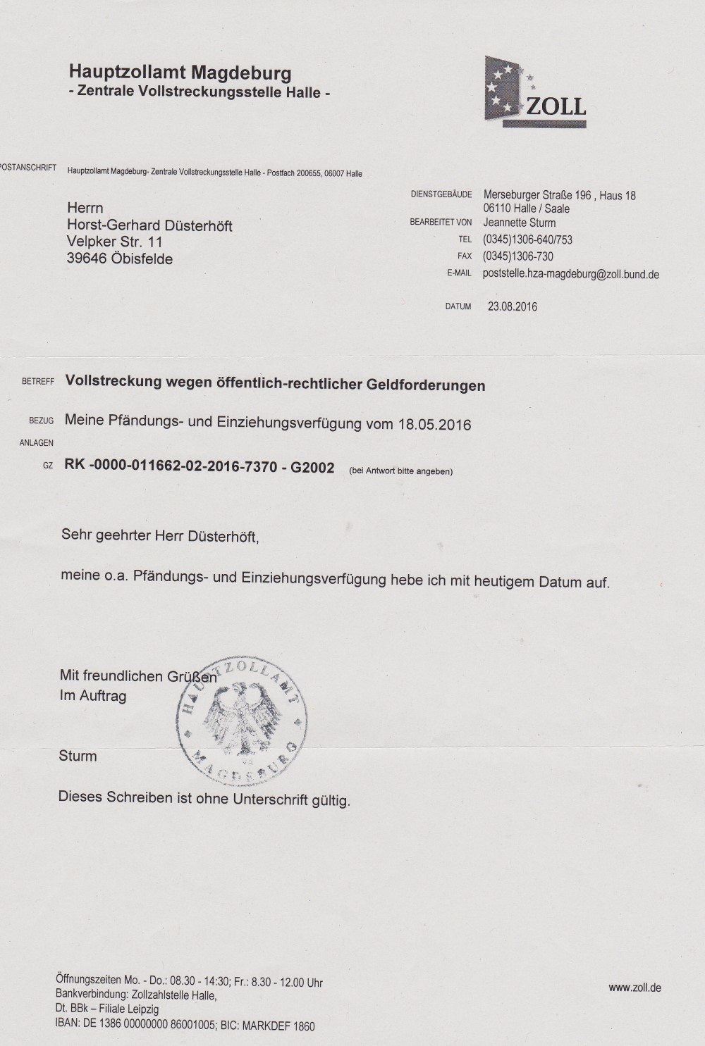 aufhebung pfaendung 23.08.2016